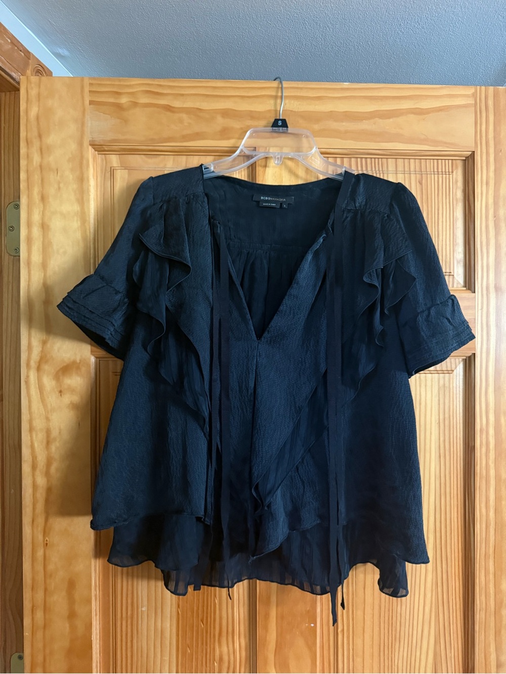 BCBGMaxAzria Black Ruffled V-Neck Semi-Sheer Blouse